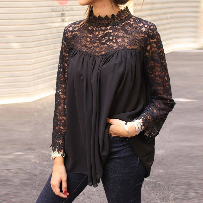 

2019 Woman Lace Black Blouse Shirt Women Autumn Casual Loose Long Sleeve Shirts Fashion Female Lace Patchwork Blusa Femme Blusas