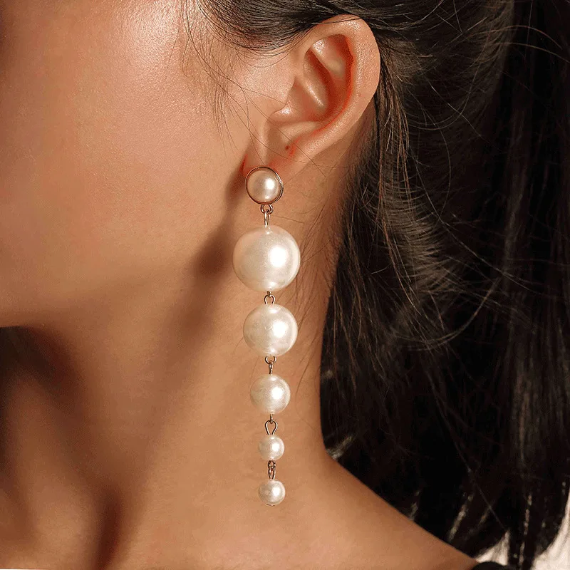 

Trendy Elegant Created Big Simulated Pearl Long Earrings Pearls String Statement Earrings For Wedding Party Gift