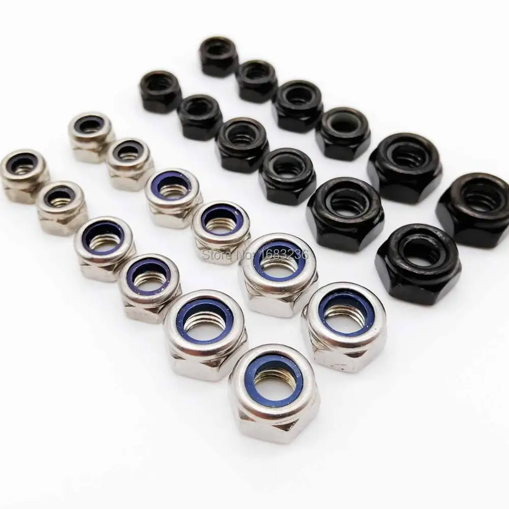 

25pcs M2 M2.5 M3 M4 M5 M6 M8 M10 M12 M14 M16 A2 304 Stainless Steel Black Hex Nylon Insert Lock Nut Self-locking Nylock Locknut