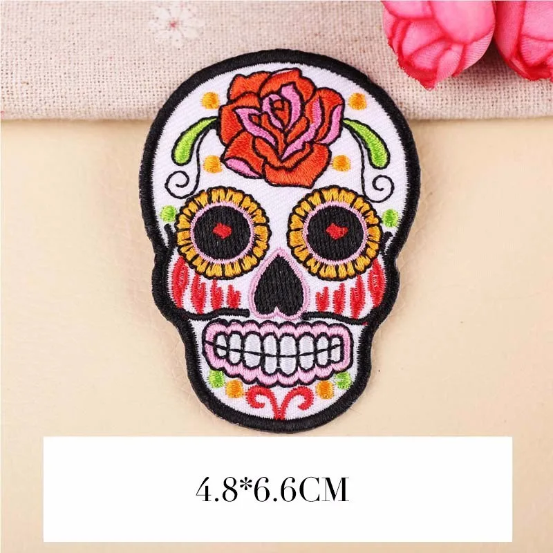 Punk Style Skull Patches Iron On 3D Diy Rose Umbrella Lollipop Embroidery Appliques Sewing Coat Hats Bags Badges Parches