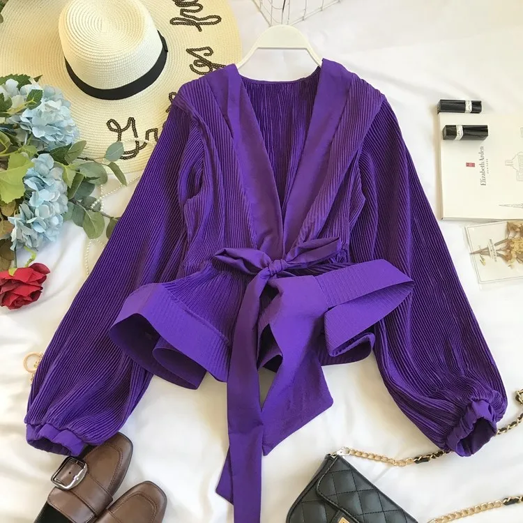 Ruched Pleated Ruffles Chiffon Blouse Women Sashes Grace Vintage Blouse Office Lady Spring Fashion Elegant V-Neck Shirt