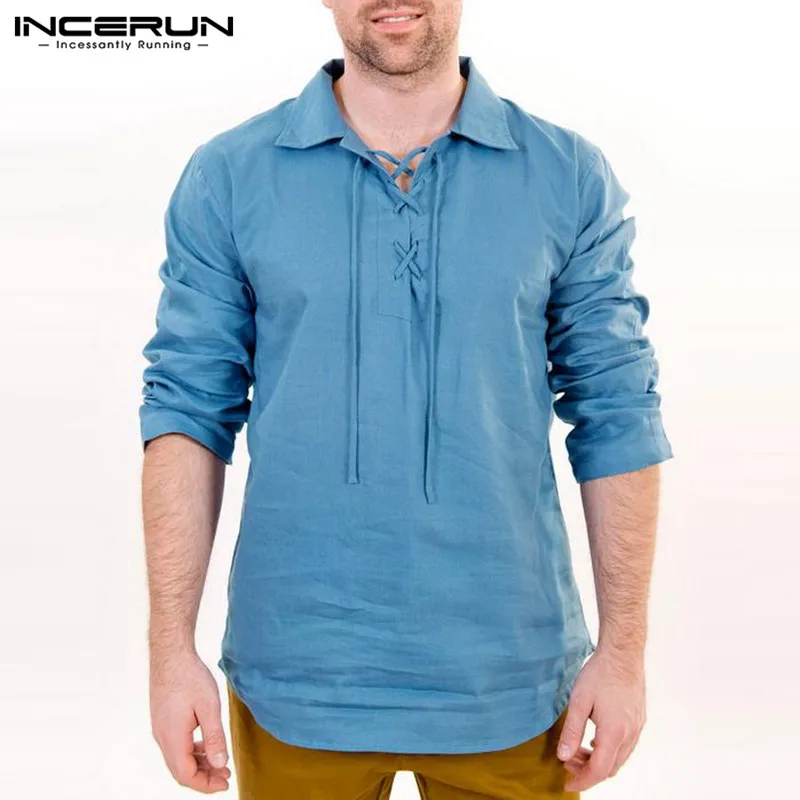 INCERUN уличная рубашка с длинными рукавами Для мужчин на шнуровке нагрудные шеи топы Повседневное Фитнес хлопок Рубашка для отдыха Для