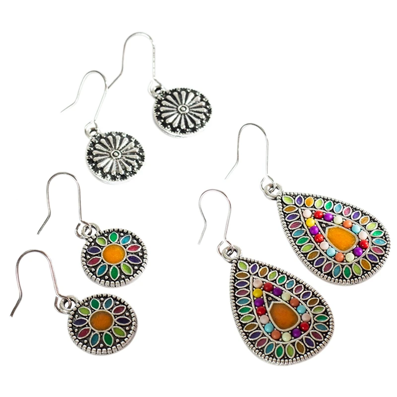

A Set Of 3 Pairs Of Big Drop Earrings National Colorful Sun Flower Earrings Female Bohemian Round Pendant Earrings