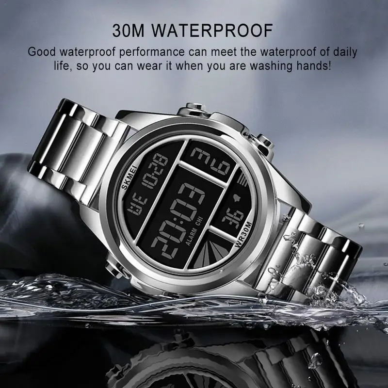 Цена SKMEI модные электронные часы со стальным ремешком для мужчин reloj de la marca de lujo инновационный стиль 2019 новое поступление