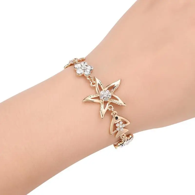 

New Trendy 2019 Rhinestone Flower Fish Shape Hand Chain Girls&Women Strand Bracelet Jewelry Gift