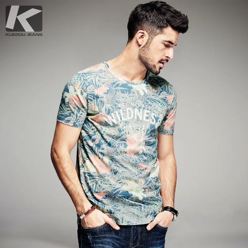 Мужская хлопковая футболка KUEGOU летняя с коротким рукавом и принтом 8284|brand
