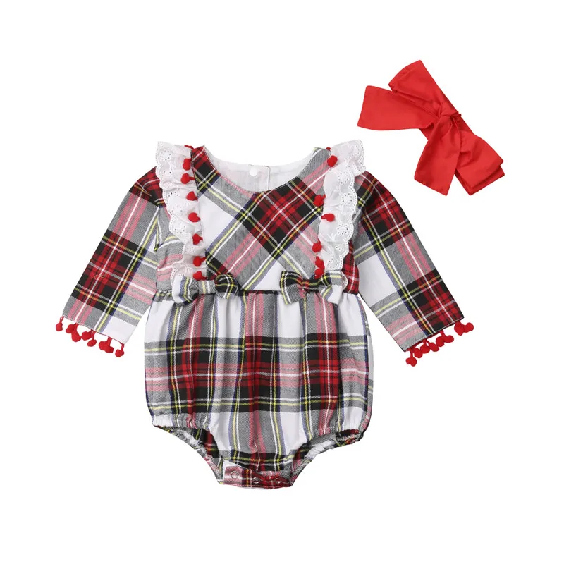 

Fashion Spring Baby Lace Rompers for Girls Plaid Infant Jumpsuit Baby Girls Romper with Headband Toddler Clothes Baby Costume