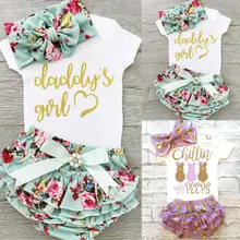 Комплект из 3 предметов, Летний комбинезон с короткими рукавами и надписью для новорожденных девочек+ хлопковые шорты-пачки с цветочным принтом+ повязка на голову, комплект одежды