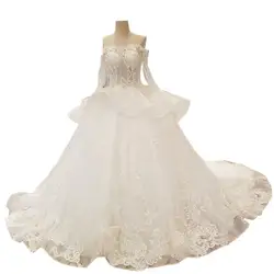 2018 дешевые натуральные белые цвета шампанского кружевные свадебные платья с длинным рукавом Часовня Поезд длиной до пола бальное платье
