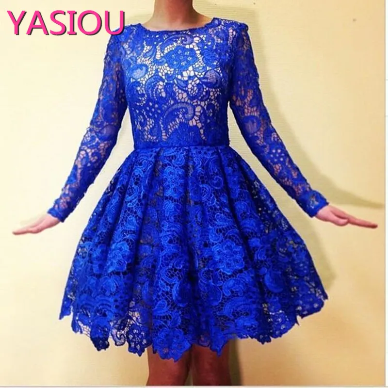 

2017 new Blue Lace Cocktail Dresses Long Sleeves A Line Scoop Royal Blue Lace Dubai Short Party Dress Short Cocktail Short Gowns