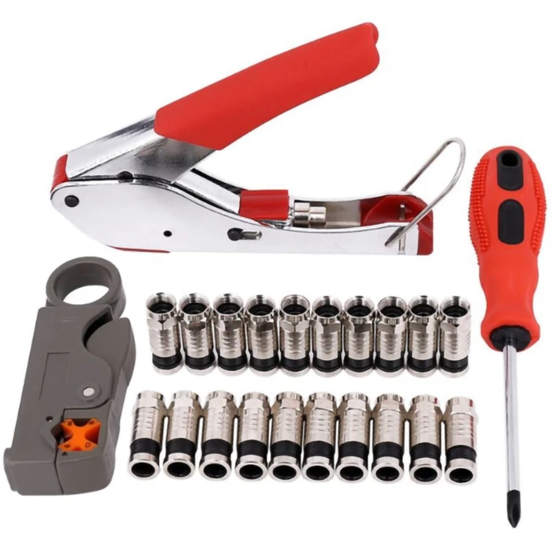 

1 Set Coaxial Cable Wire Stripper Rg6/Rg59 F Compression 20Pcs Connector Tool Crimping Pliers Wire Stripping Pliers Kit