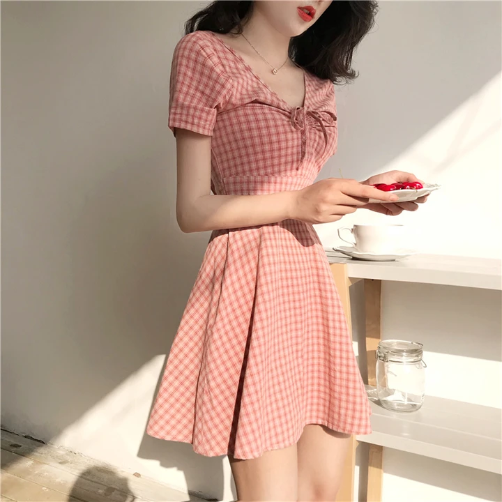 Lychee Girls Slim Plaid Lace Up Short Sleeve Summer Women Dress V Neck Causal A Line Female | Женская одежда