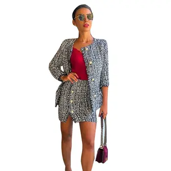 

Small Fragrance Women Tweed Jacket Evening Blazer Skirt Suit Set Plaid Pockets Button Outwear