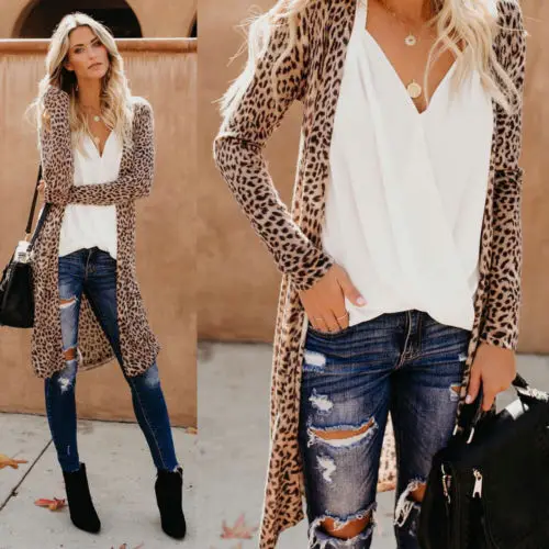 Womens Leopard Kimono Cardigan Open Front Boho Camo Long Sleeve Long Maxi Jacket