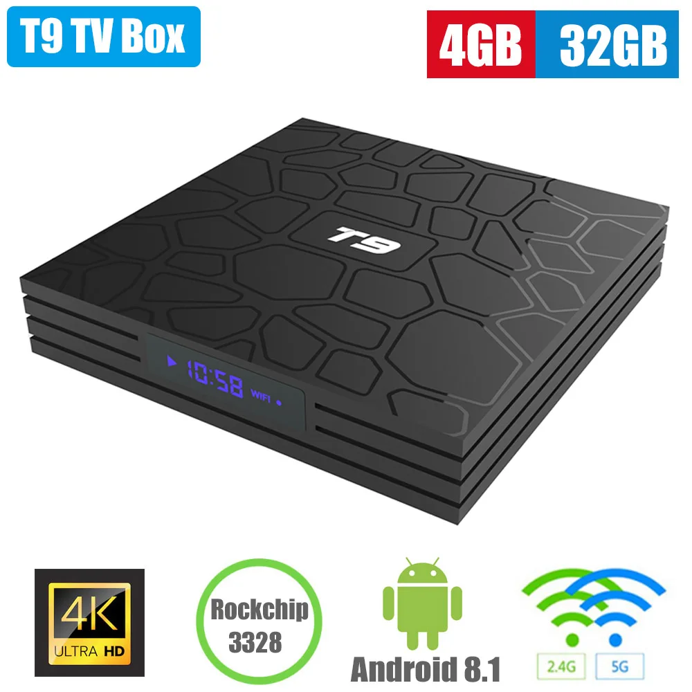 

T9 Smart TV Box Android 8.1Rockchip3328 4GB RAM 64GB ROM 2.4G 5.8G WiFi 100Mbps USB3.0 BT4.1 Support 4K H.265 Set Top Box