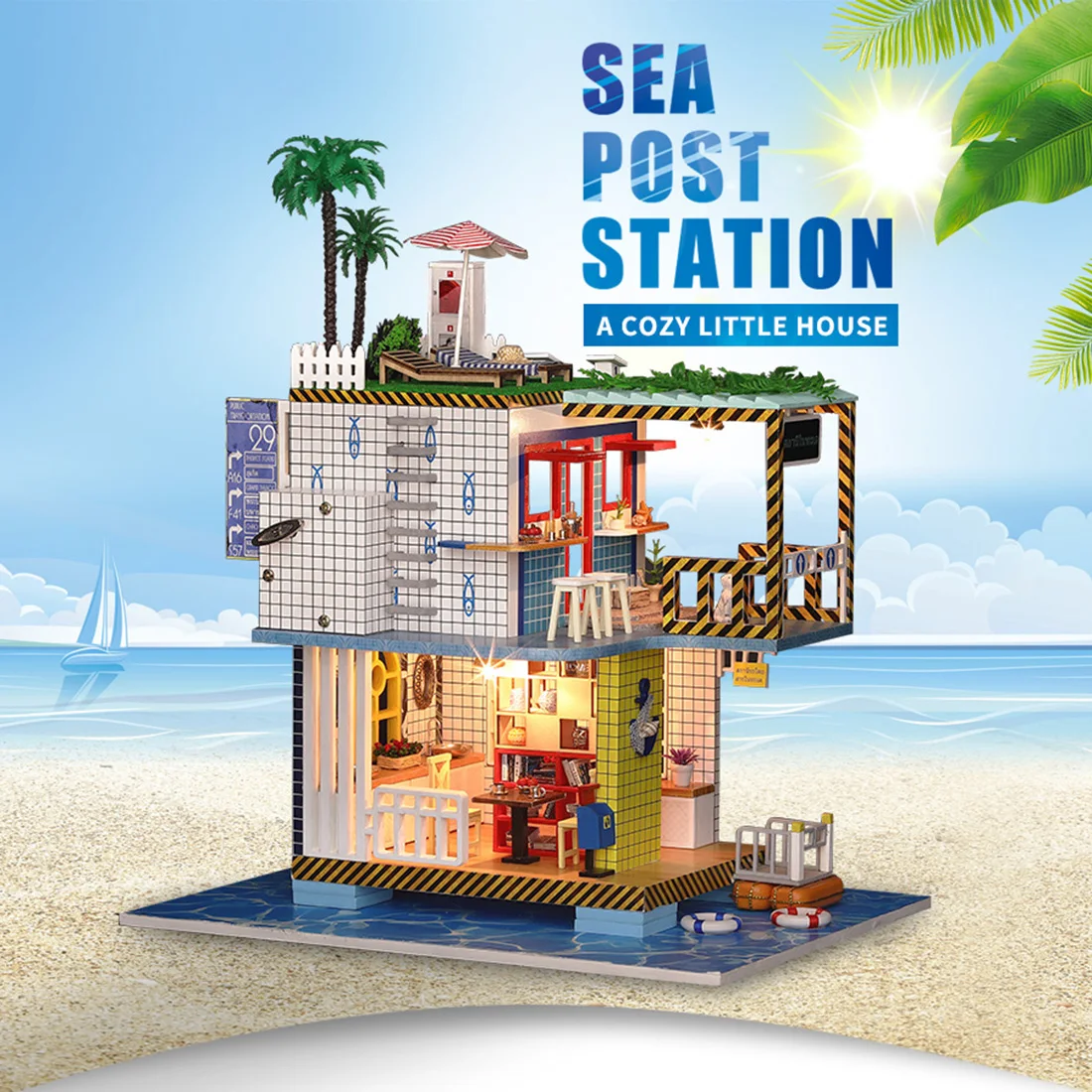 

DIY Creative Handmade Theme Wooden Cabin Assembly Building Model Toy Set with Light - Sea Station