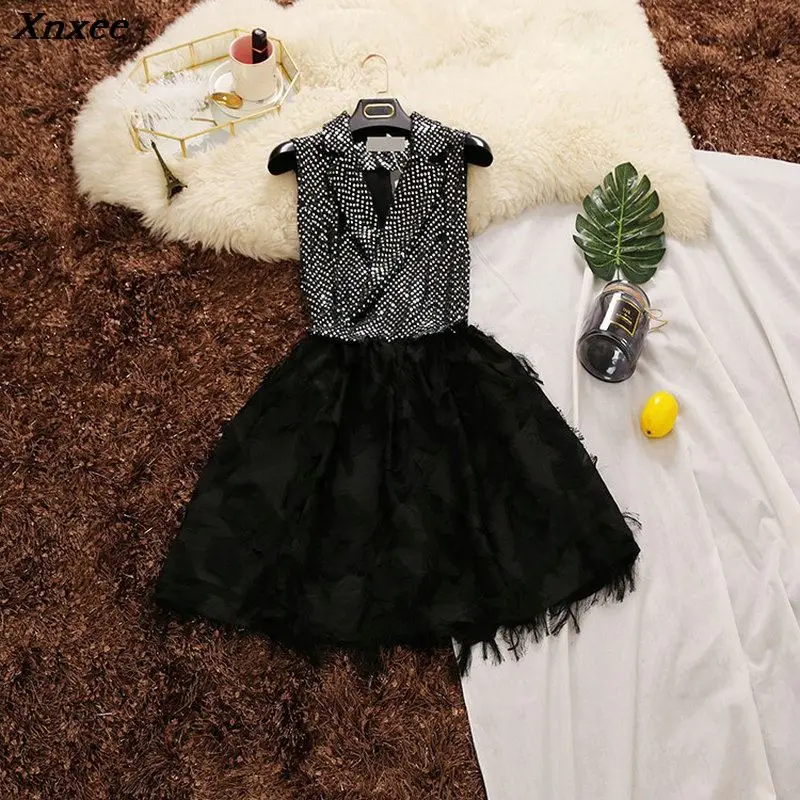 

2019 summer new female notched collar dot sequined feather tassels chiffon ball gown dresses women's vintage puff dress Xnxee