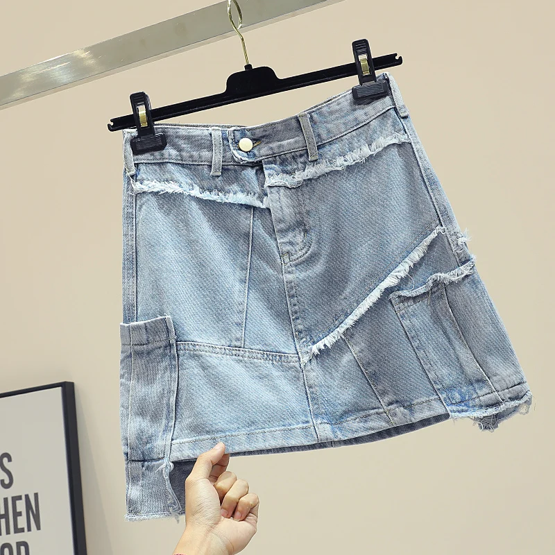 

Women Skirt Denim Cotton Above Knee Mini Length A-Line Button Solid Empire Waist Spring Summer Irregular Casual