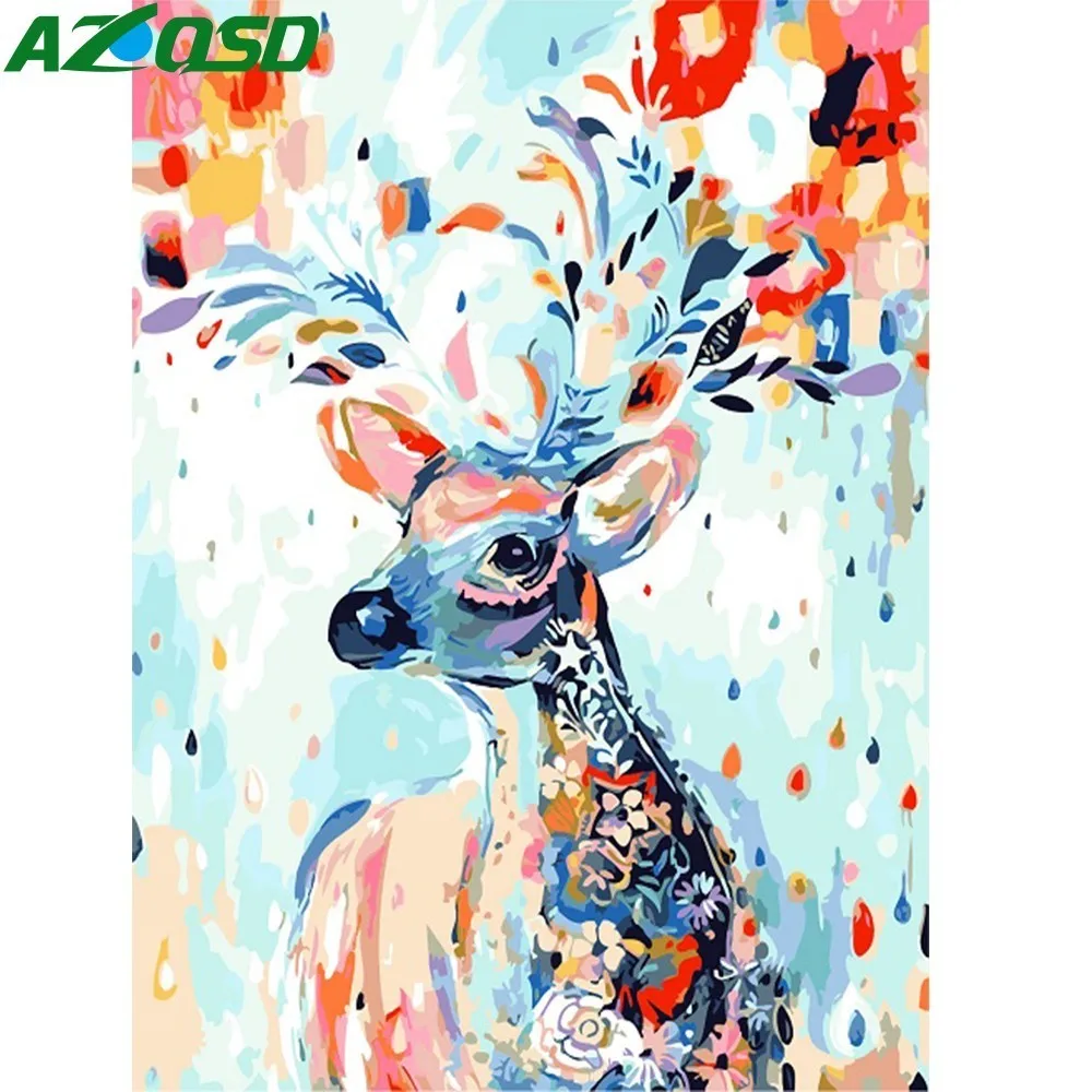 

AZQSD DIY Painting By Numbers Handpainted Abstract Colorful Deer Frameless Oil Painting On Canvas Unique Gift Home Decor