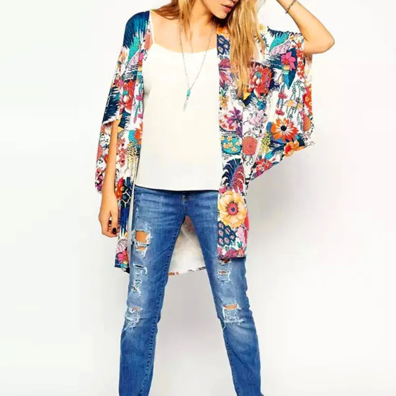 

Women Printed Chiffon Kimono Colourfu Beach Blouse Cover Up Sunscreen Tops