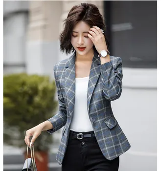 

2019 Women's Blazer Long Sleeves Jacket One Button Office Casual Plaid Blazers
