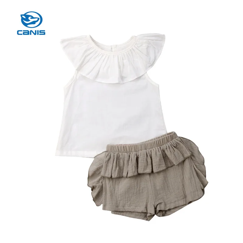 

CANIS 2019 New Casual Newborn Kids Baby Girls Clothes solid Toddler cotton sleeveless summer T-shirts+pants 2Pcs Party