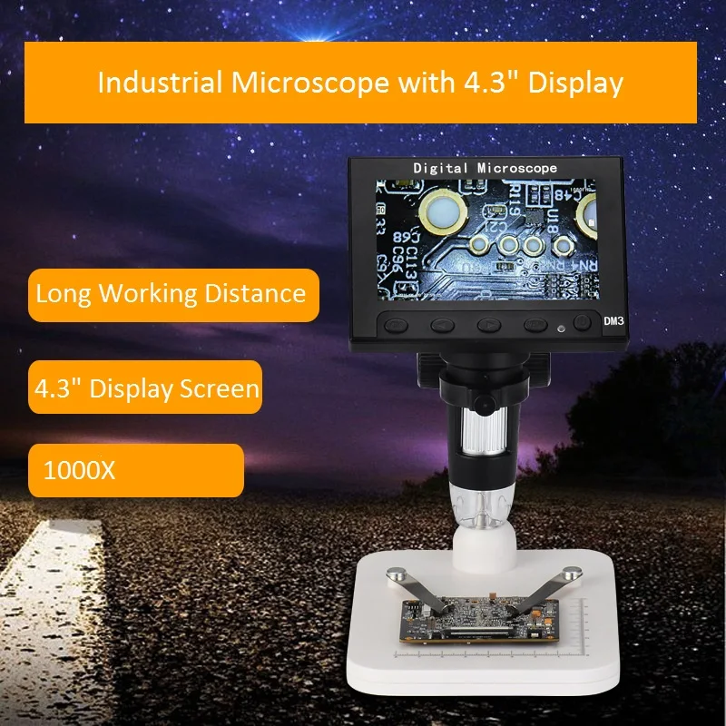 1000X Digital Microscope 2.0 5.0 MP Electronic Video Microscope 4.3 Inch Display with 8 LED Stand for PCB Motherboard Repairing