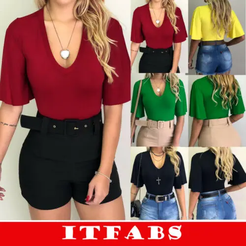 

2019 Summer Women Short Sleeve T-Shirt V-Neck Tee Ladies Casual Loose Tops