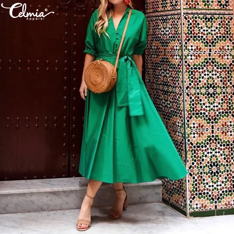 

Celmia 2019 Summer Women Maxi Long Dress Belted Button Casual Female Sexy V Neck Pleated Party Vestidos Mujer Plus Size Sundress