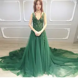 Плюс размер с высокой стороны Сплит зеленое платье для выпускного вечера А-силуэт Тюль Длинные нарядное платье с бусами с блестками