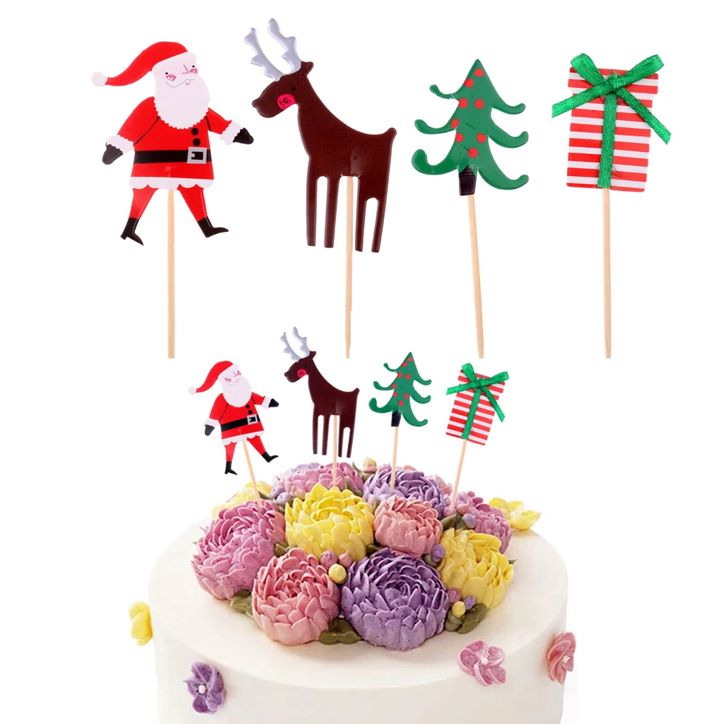 

Pack of 24 Pieces Festival Cartoon Christmas Cupcake Picks Tree Santa Reindeer Gift Box Cake Toppers Birthday Food Toothpicks