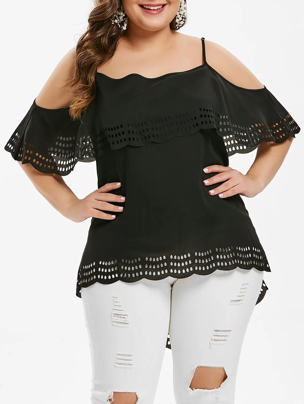 Wipalo Plus Size Cold Shoulder Ruffled High Low Blouse Women Sexy