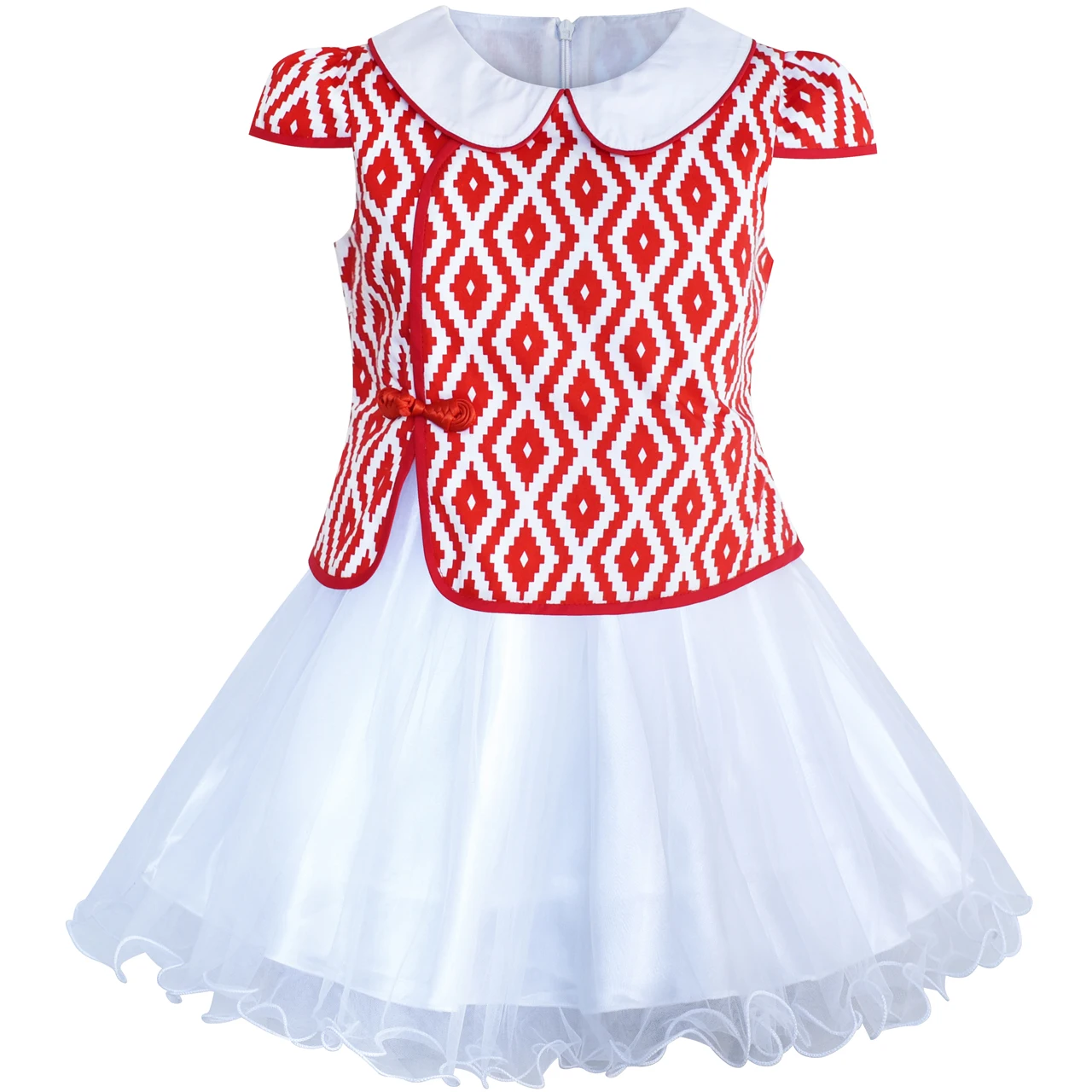 Sunny Fashion платья для девочек платье 2-в-1 красный Плед Белый воротничок Тюль 2020 Лето