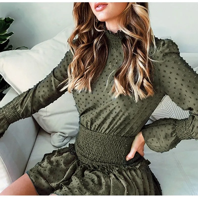 

Turtleneck Polka Dot Flounce Dress Women Long Sleeve Retro Dress Party Ruched Casual Dresses Vestidos