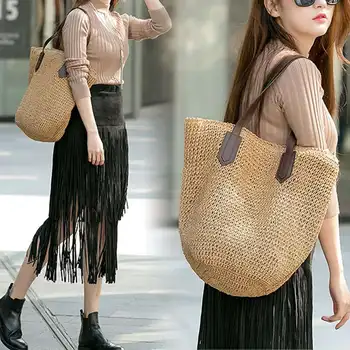 

Women'S Handmade Straw Braided Bag Woven Bag Natural Fashionable Outdoor Handbag Beach Bags