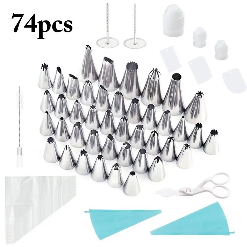 

74PCS Cake Decorating Tips Set Stainless Steel Icing scraper Piping Nozzles DIY Fondant Baking Tools Reusable Pastry Bags