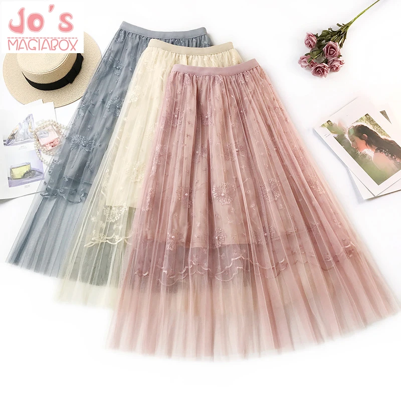 

2019 Summer Embroidery Kawaii Skirt Women Japanese Solid A-Line Empire Mid-Calf Lace Beading Skirts Student Sweet Casual Skirt