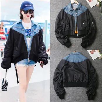 

Spring Patchwork Denim baseball Jacket Turn-down Collar Long Sleeve Personality Loose Women Korean Fashion bomber Coat A9293