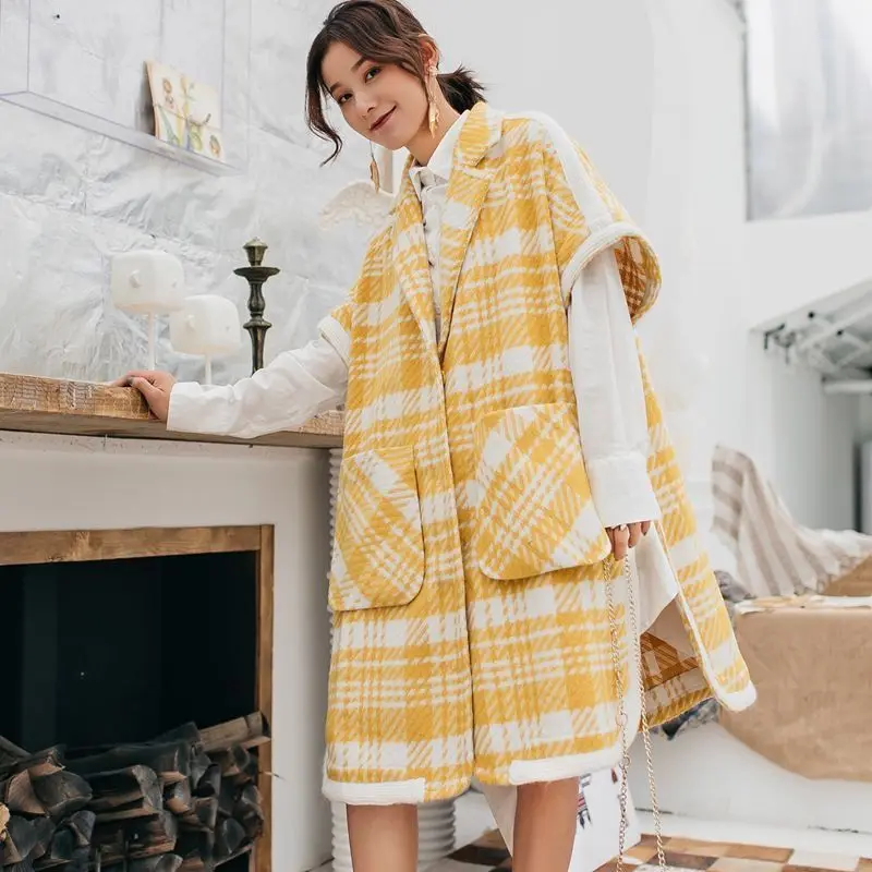Goede LANMREM 2018 Nieuwe Collectie Half Mouw Losse Geel Plaid Wollen Jas Side Vent Zoom Jas Voor Vrouwen Herfst Mode YF00307