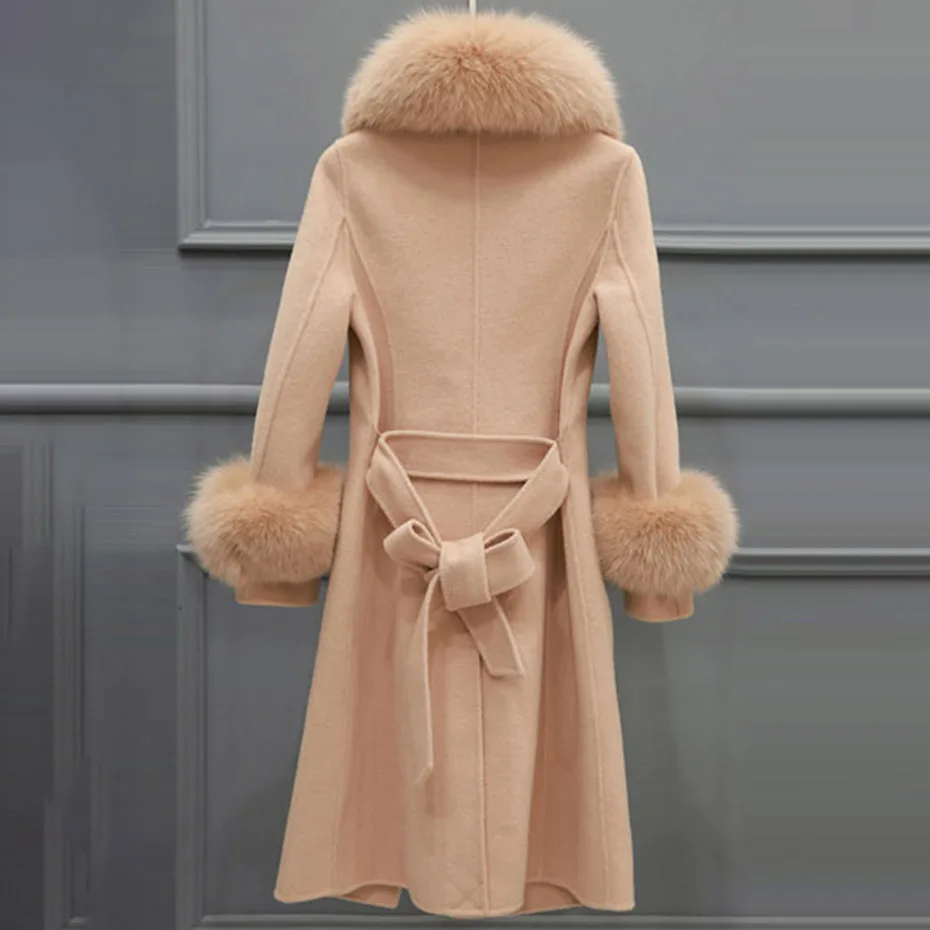 Women Wool Blends Coats Fur Collar Winter Fashion Belt Overcoat Office Ladies Elegant Luxury Gray Camel Coat Outwear Women Wool Blends Coats Fur Collar Winter Fashion Belt Overcoat Office Ladies Elegant Luxury Gray Camel Coat Outwear