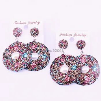 

5Pairs Natural Freshwater Pearl With Colorful Rhinestone Crystal Paved Round shape Dangle Earrings For Women