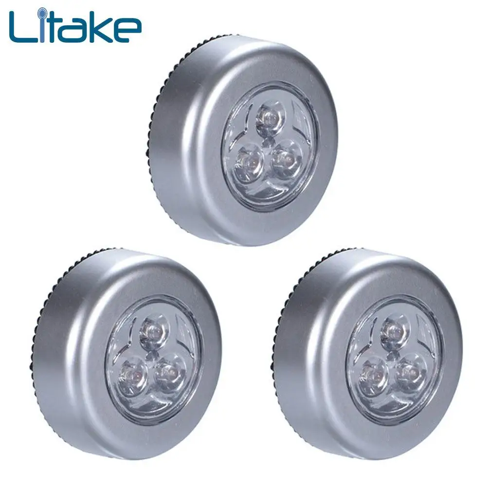 

3pcs 3 LEDs Silver Closet Cabinet Lamp Battery Powered Wireless Stick Tap Touch Push Security Kitchen Bedroom Night Light