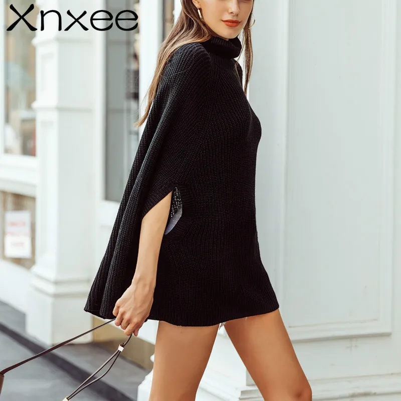 Xnxee Turtleneck oversize knitted sweaters pullover 2018 Casual loose autumn sweaters Women black winter jumper female poncho