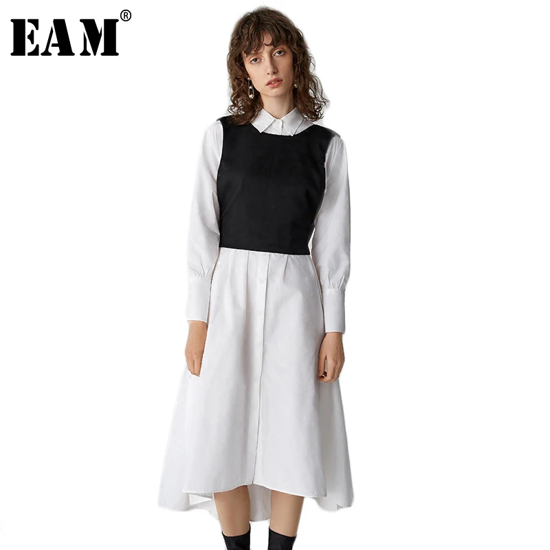 

[EAM] 2019 Spring New Lapel Long Sleeve White Irregular Hem Loose Black Vest Bandage Two Piece Dress Women Fashion Tide RA0200