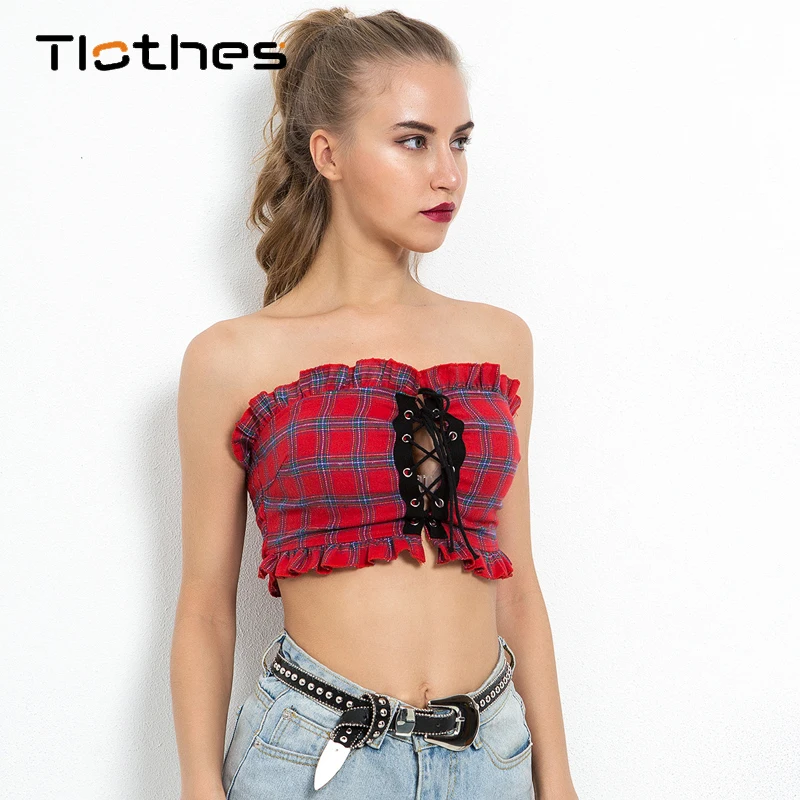 Клетчатый топ-труба Bellyband для женщин уличная Bralette Растениеводство Топ сексуальный клетчатый бандаж выдалбливают оборки бюстье трубка