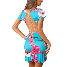Women Sexy V-neck Criss Cross Back Dress Flora Print Dress 2019 Summer Short Sleeve Ruffles Hem Folds Halter Mini Party Dresses Women Sexy V-neck Criss Cross Back Dress Flora Print Dress 2019 Summer Short Sleeve Ruffles Hem Folds Halter Mini Party Dresses