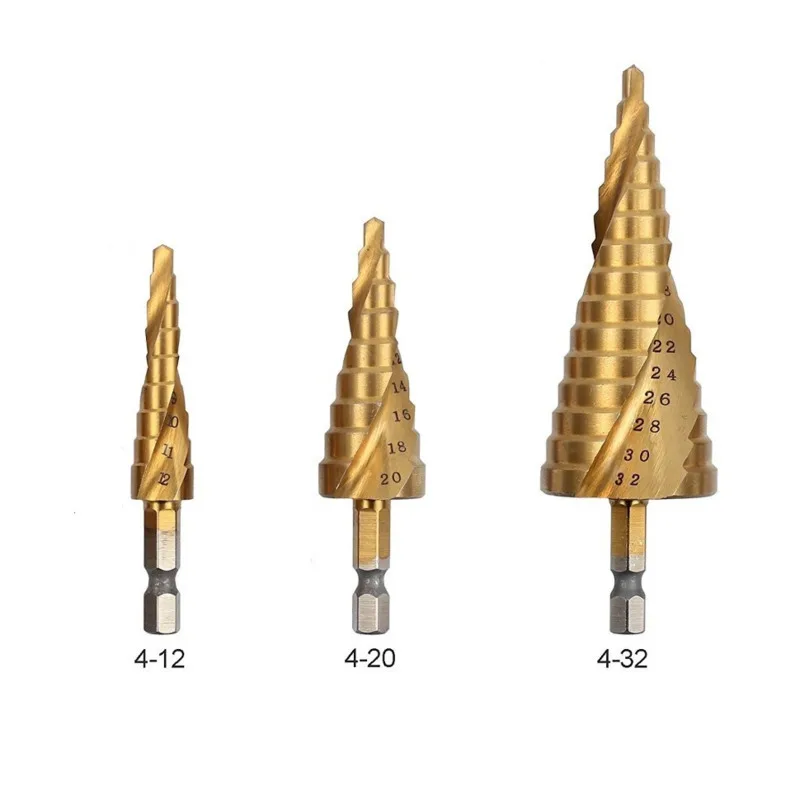 

3pcs 4-12/20/32mm HSS Steel Spiral Drill Bit Power Tool Accessories Titanium Plated Step Cone Drill Bit Hole Cutter Tool