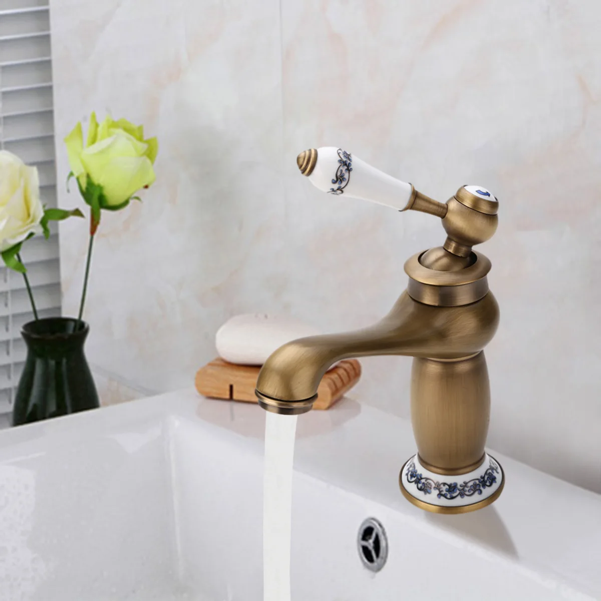 

High Quality Antique Kitchen Bathroom Faucet Single Hand Hot & Cold Mixer Tap Ceramic Handle Mayitr Hot Selling
