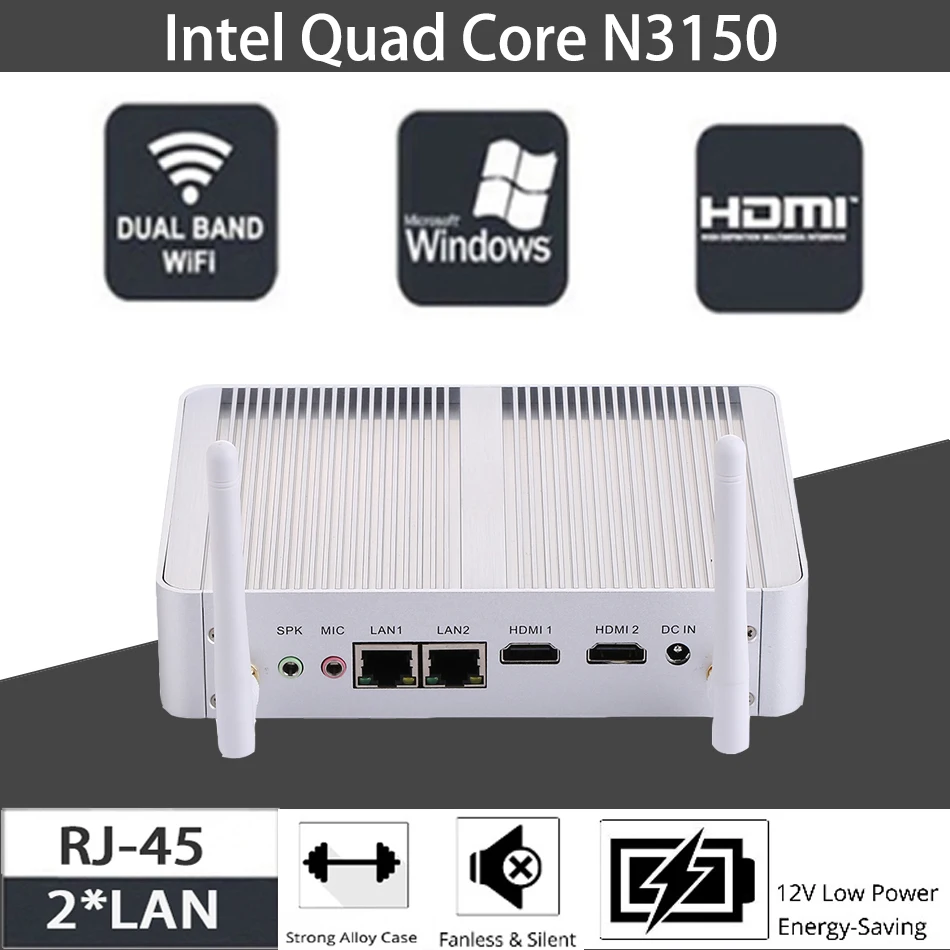 Mini PC Windows N3150 10/Ubuntu Intel Celeron Fanless Silver HUNSN BM04L 2USB2.0/2LAN