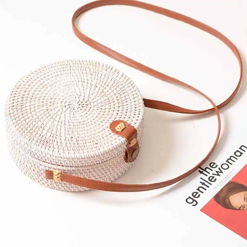

ABDB-Summer Woven Straw Bag Rattan Brown Black White Bohemia Beach Bag Handmade Circle Messenger Bag Star Bags(White)